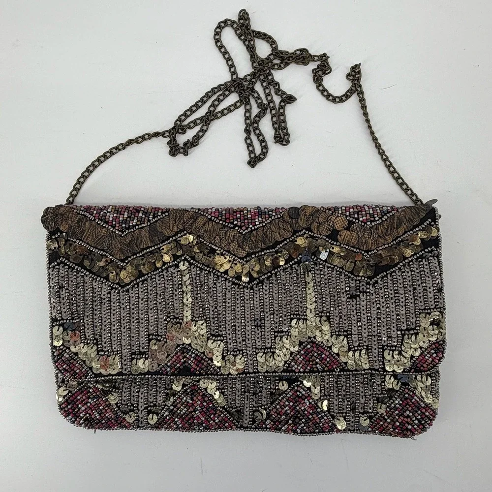 New Look Beaded Sequin Chevron Clutch Bag Bronze Chain Strap Evening Bag
